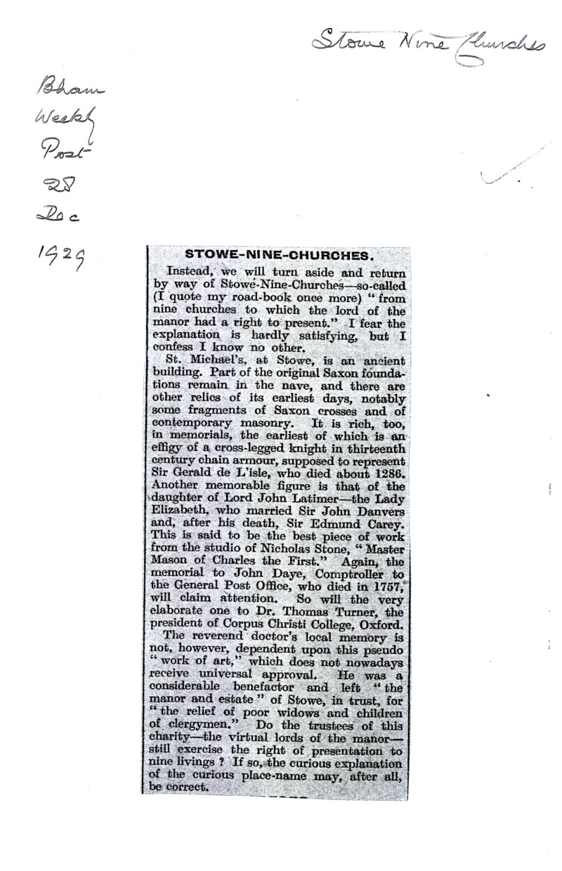 Stowe Nine Churches - Birmingham Weekly Post - Dec 1929